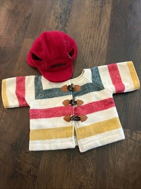 Vintage LL Bean LL Bear Striped Hudson Bay Toggle Coat with Red Trapper Hat
